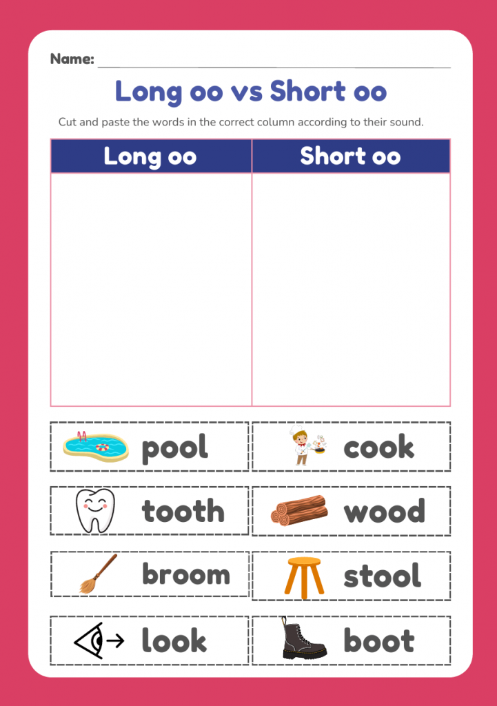 Long oo vs Short oo Word Sort – Cut and Paste Phonics Worksheet Ages 6 ...