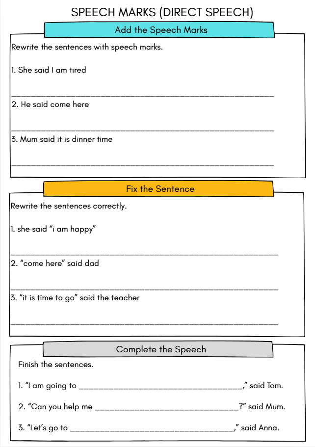 Year 4 English Worksheet Speech Marks Direct Speech Punctuation 