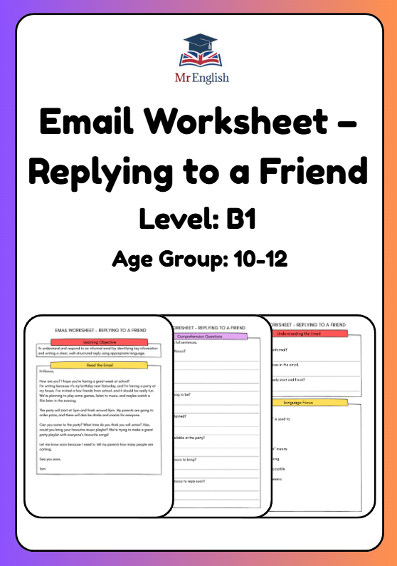 B1 Email Writing Worksheet (Cambridge PET) – Reading & Writing Practice for Kids Ages 10–12
