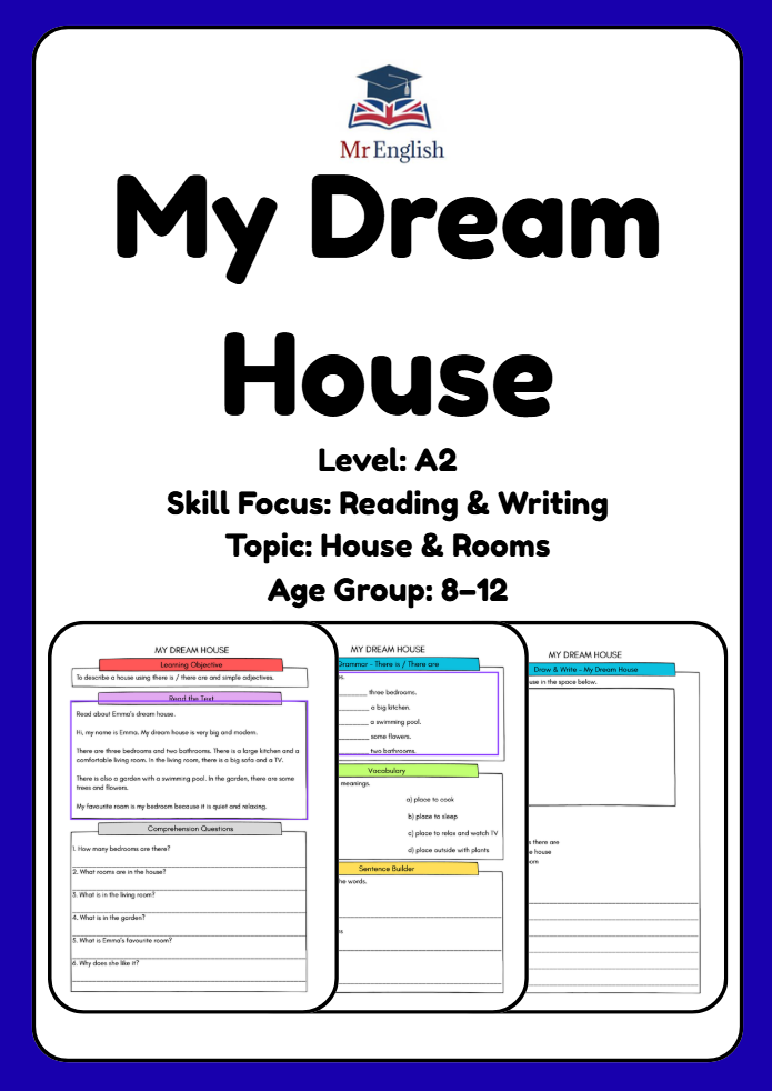 A2 English Worksheet – My Dream House (Draw and Write Activity for Kids Ages 8–12)