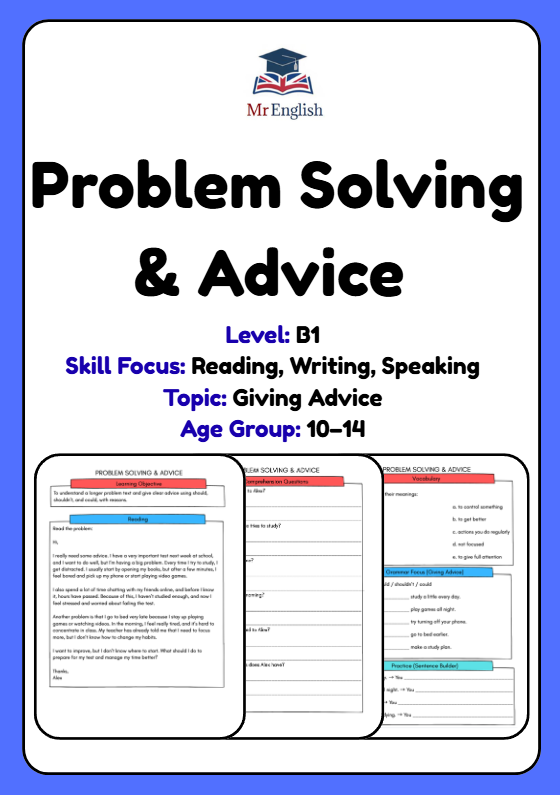 B1 English Worksheet – Giving Advice & Study Problems (Reading + Writing + Grammar)