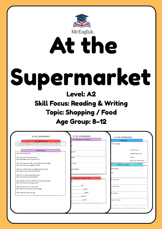 A2 English Worksheet – At the Supermarket (Some & Any Practice for Kids Ages 8–12)