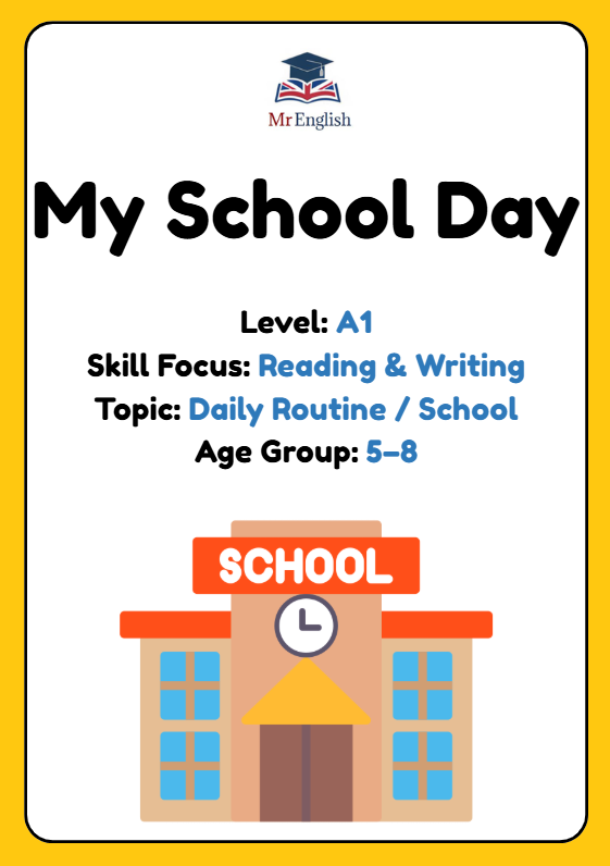 A1 English Worksheet – My School Day (Reading, Vocabulary & Draw and Write for Kids Ages 5–8)