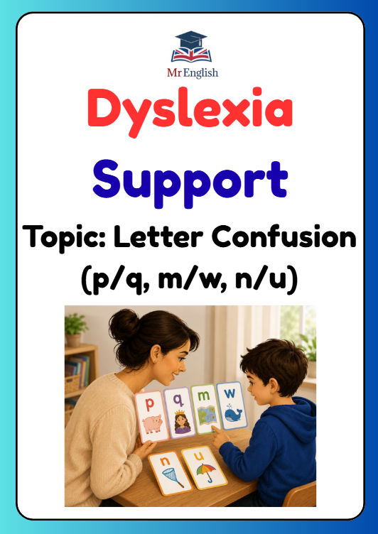 Dyslexia Support Worksheet – Letter Confusion Activities (p/q, m/w, n/u) for KS1 & Year 1–3 For 5–8 Year Olds