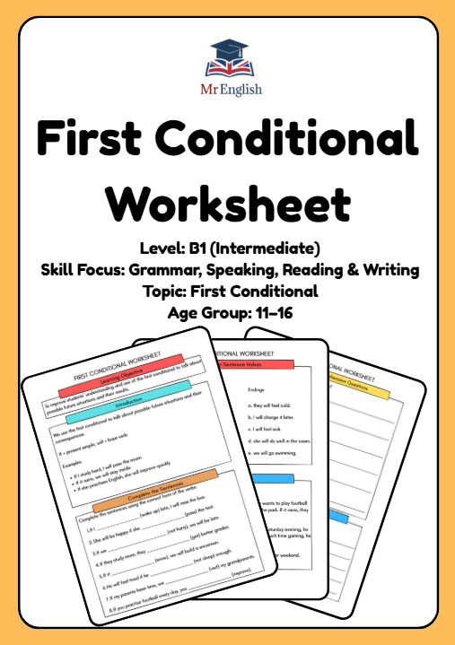First Conditional Worksheet PDF for B1 ESL Students Aged 10–12 | Grammar Activities