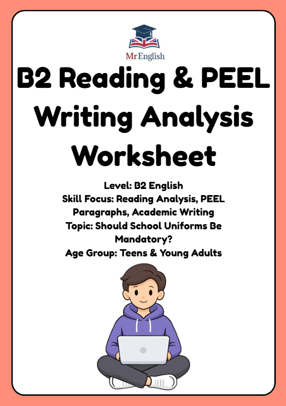 B2 Reading & PEEL Writing Analysis Worksheet | School Uniform Debate