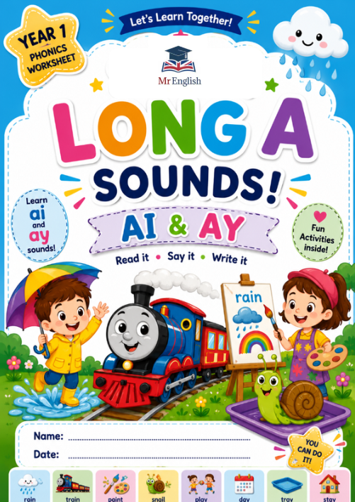 Long A Sounds AI and AY Worksheet | Year 1 Phase 3 Phonics Activities