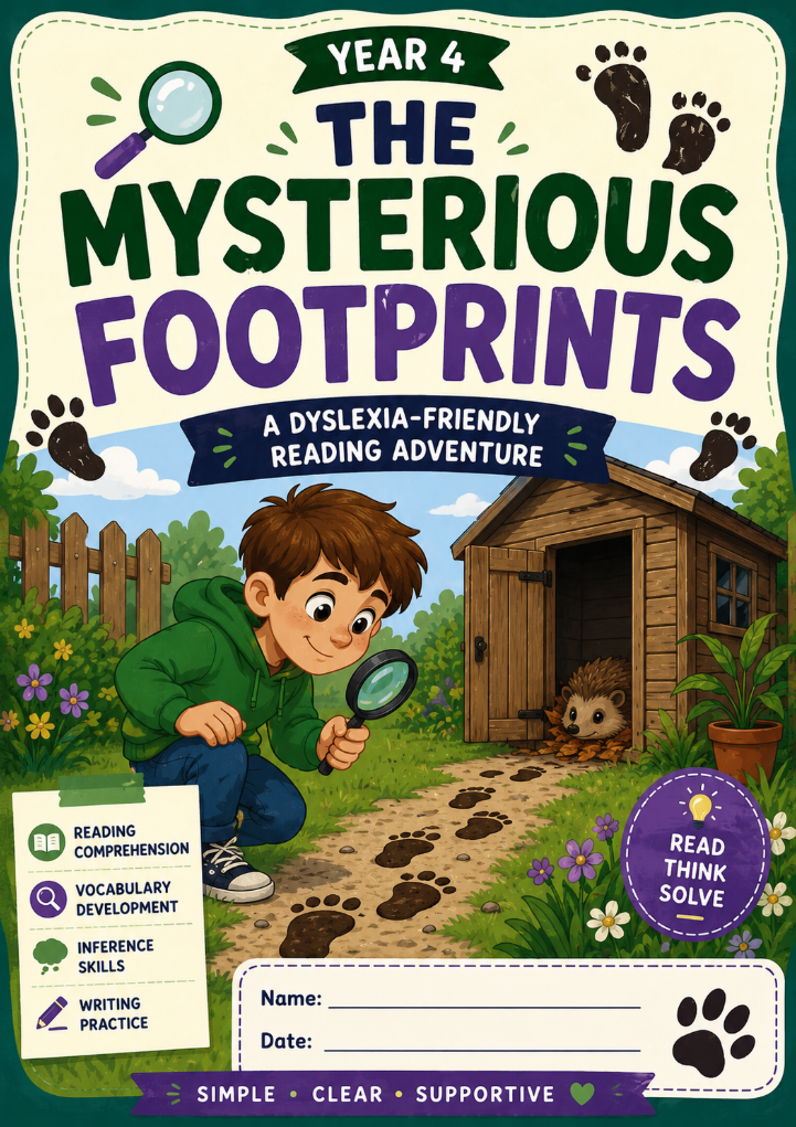 Year 4 Dyslexia-Friendly Reading Comprehension Worksheet | The Mysterious Footprints