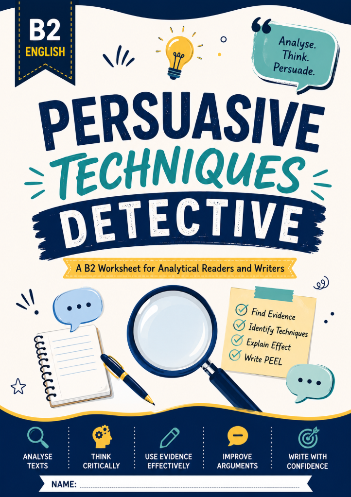 B2 Persuasive Techniques Detective Worksheet | PEEL Writing & Text Analysis