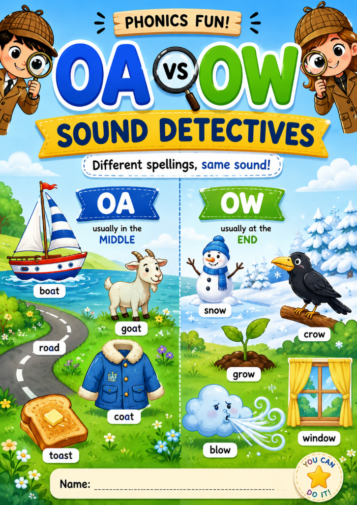 OA vs OW Sound Detectives Worksheet | Phonics Activities for Ages 5–7