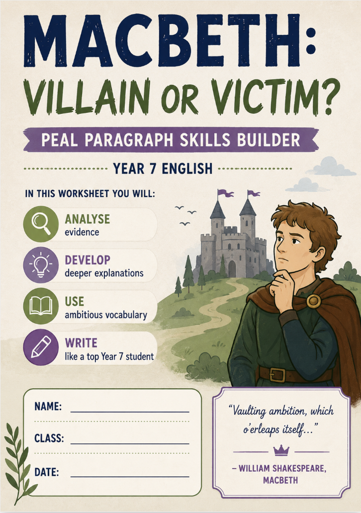 Macbeth Villain or Victim? PEAL Paragraph Skills Builder | Year 7 English Worksheet