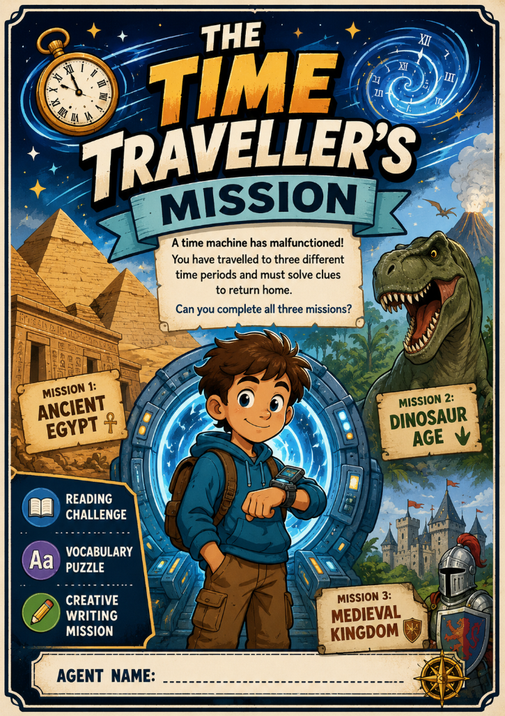 The Time Traveller’s Mission | Reading Comprehension & Creative Writing Worksheet for Ages 7–11