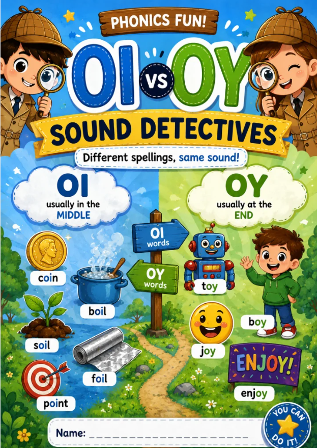 OI vs OY Phonics Worksheet for Kids | Sound Detectives Activity Book