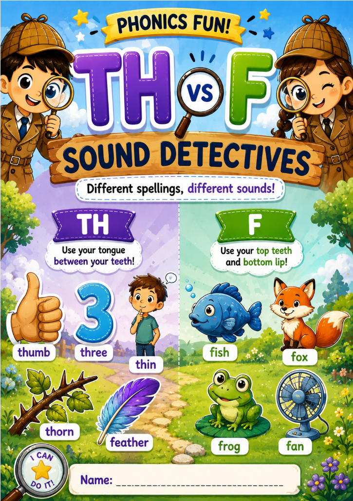 TH vs F Phonics Worksheet for Kids | Sound Detectives Activity Book