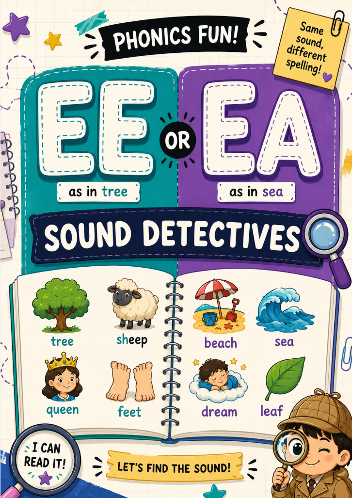 EE vs EA Phonics Worksheet for Kids | Sound Detectives Activity Book