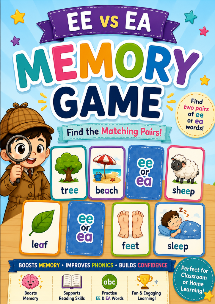 EE and EA Memory Matching Game for Kids | Interactive Phonics Activity