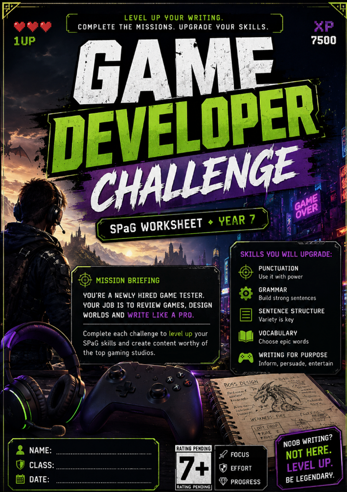 Game Developer Challenge Worksheet for Year 7 | SPaG and Creative Writing Activities