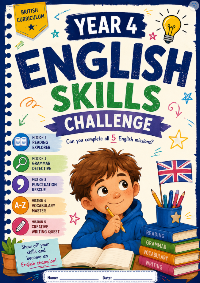 Year 4 English Skills Challenge Worksheet | British Curriculum Reading, Grammar and Writing Activities