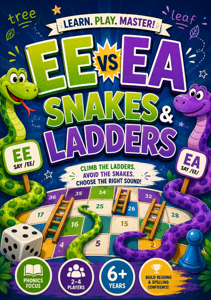 EE vs EA Snakes and Ladders Game | Printable Phonics Board Game for Kids