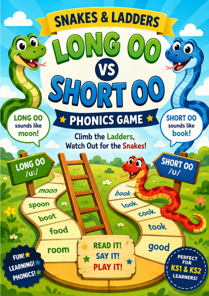 Long OO vs Short OO Snakes and Ladders Game | Printable Phonics Board Game
