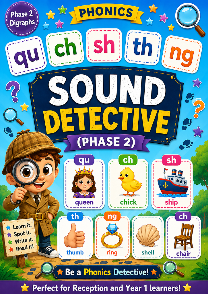 QU, CH, SH, TH & NG Sound Detective (Phase 2) | Phonics Worksheet for Reception & Year 1
