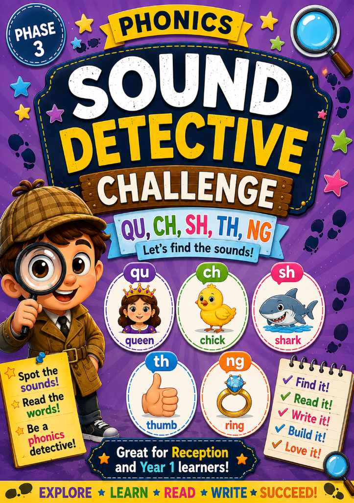 QU, CH, SH, TH & NG Sound Detective (Phase 3) | Phonics Worksheet for Reception & Year 1