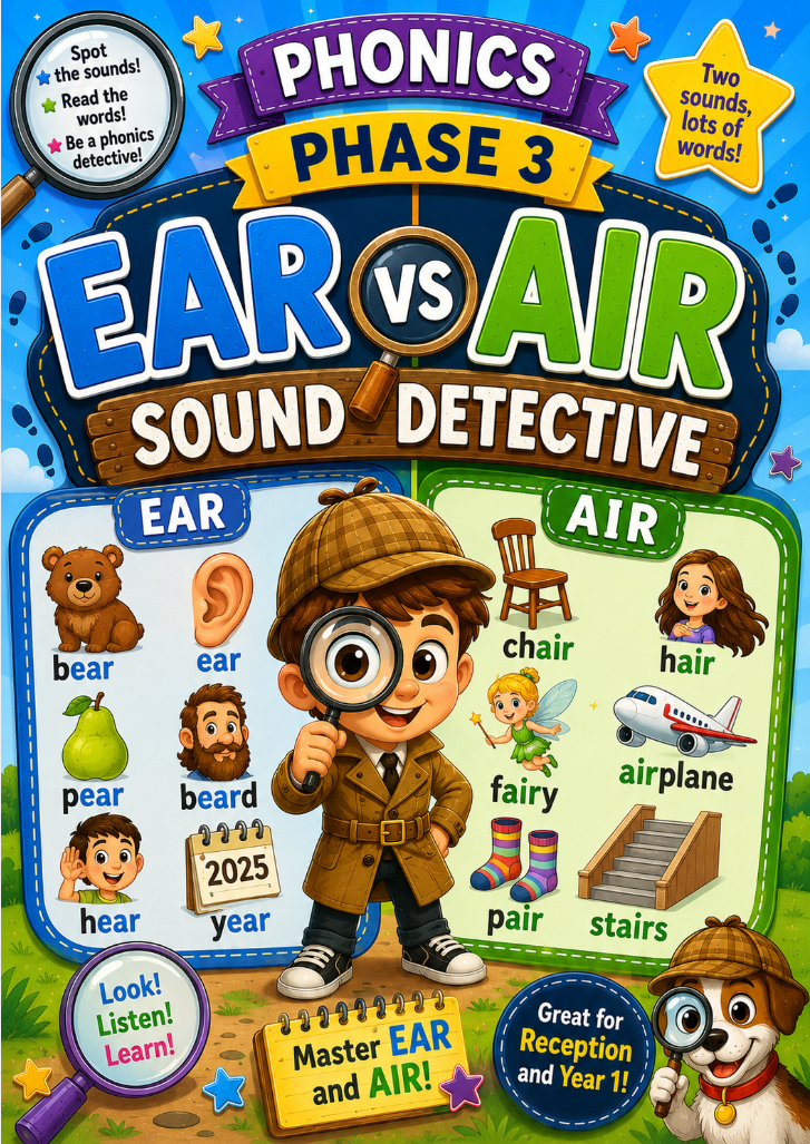 EAR vs AIR Sound Detective (Phase 3) | Phonics Worksheet for KS1 & Year 2