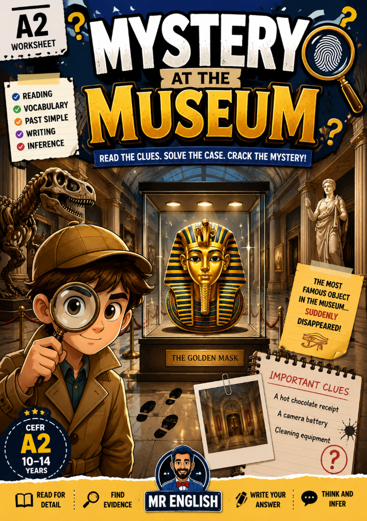 Mystery at the Museum A2 Reading Comprehension Worksheet | ESL & KS2 English