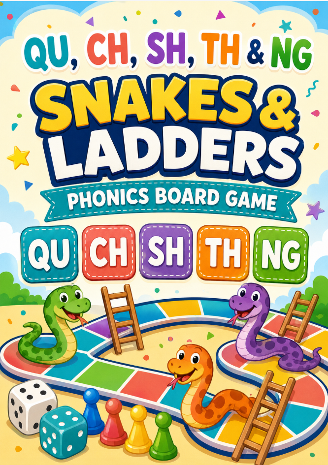 QU, CH, SH, TH & NG Snakes and Ladders Game | Phase 3 Phonics Board Game
