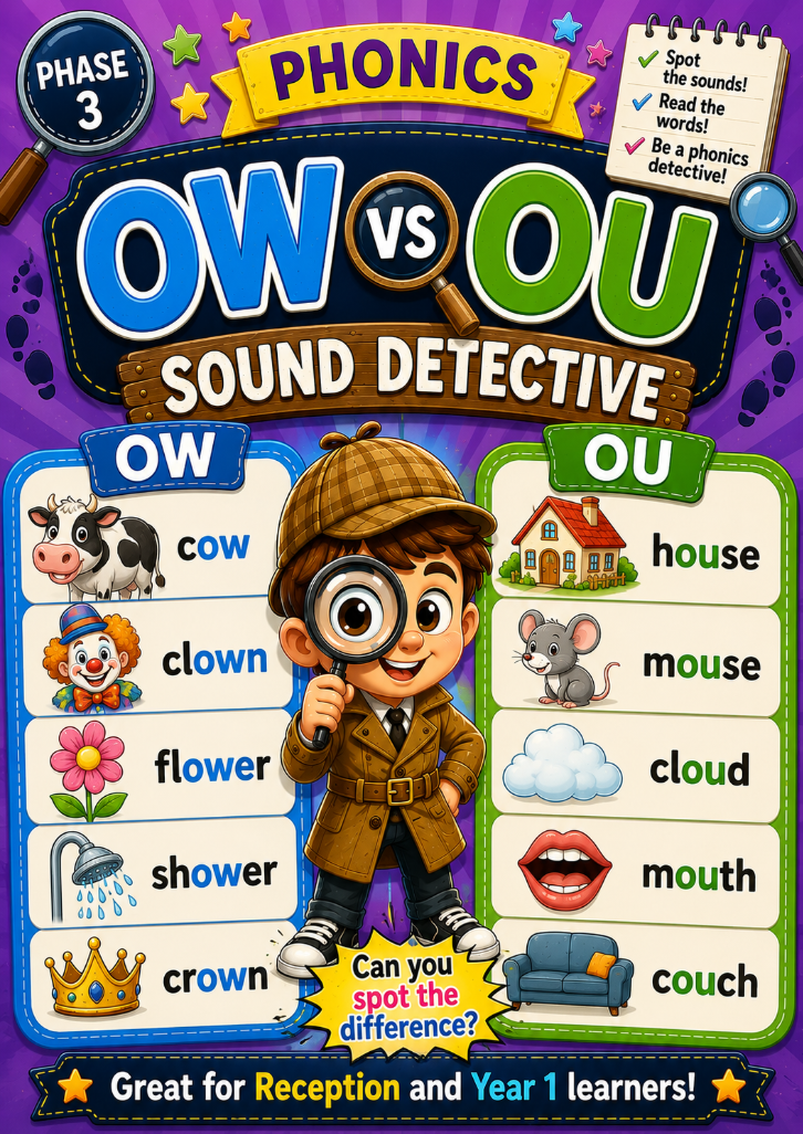 OW vs OU Sound Detective (Phase 3) | Printable Phonics Worksheet for KS1