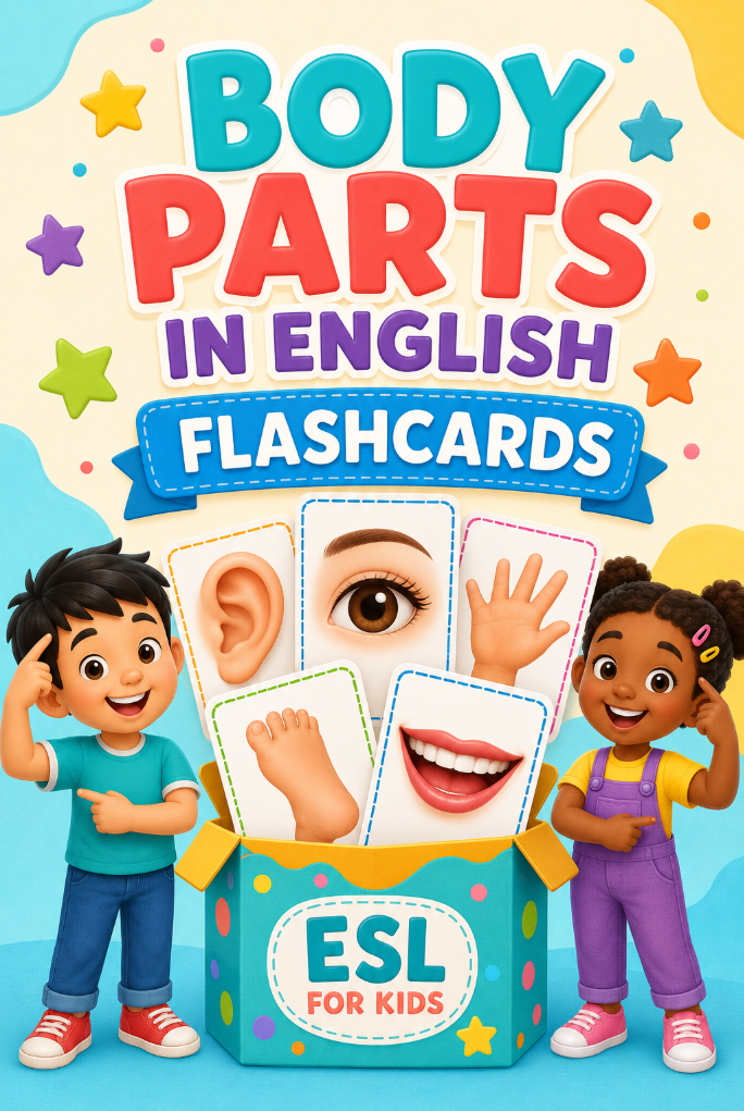 Body Parts in English Flashcards | Printable ESL Vocabulary Cards for Kids