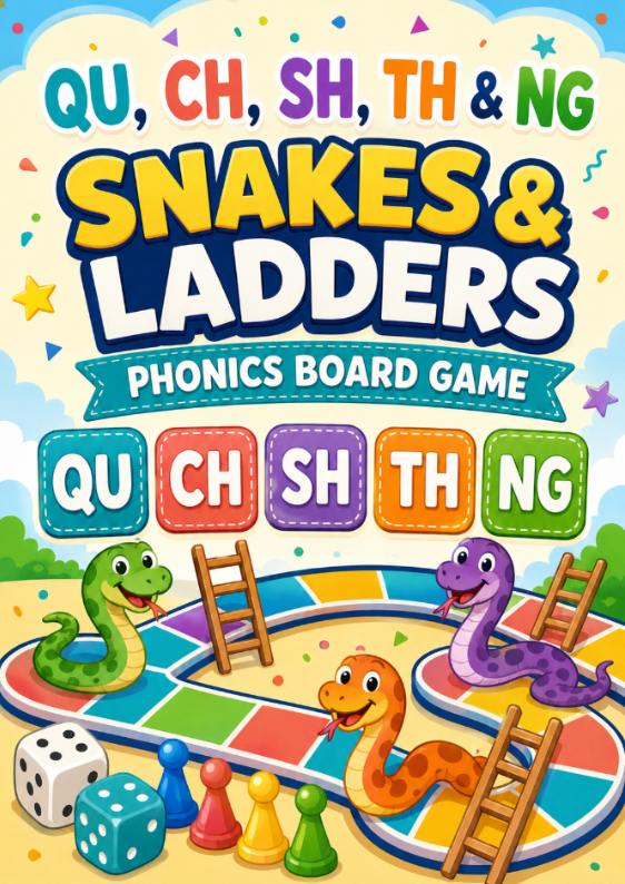 QU, CH, SH, TH & NG Snakes & Ladders Game | Printable Phase 3 Phonics Board Game