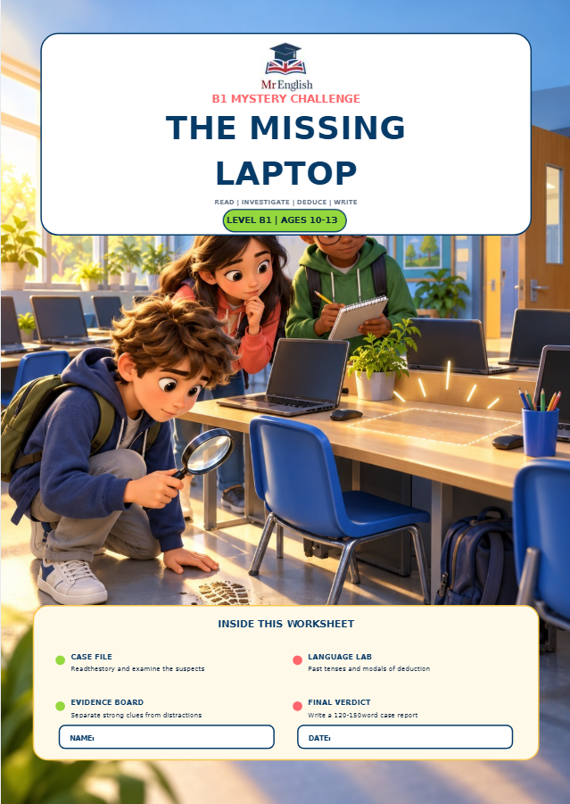 B1 Mystery Reading Worksheet | The Missing Laptop