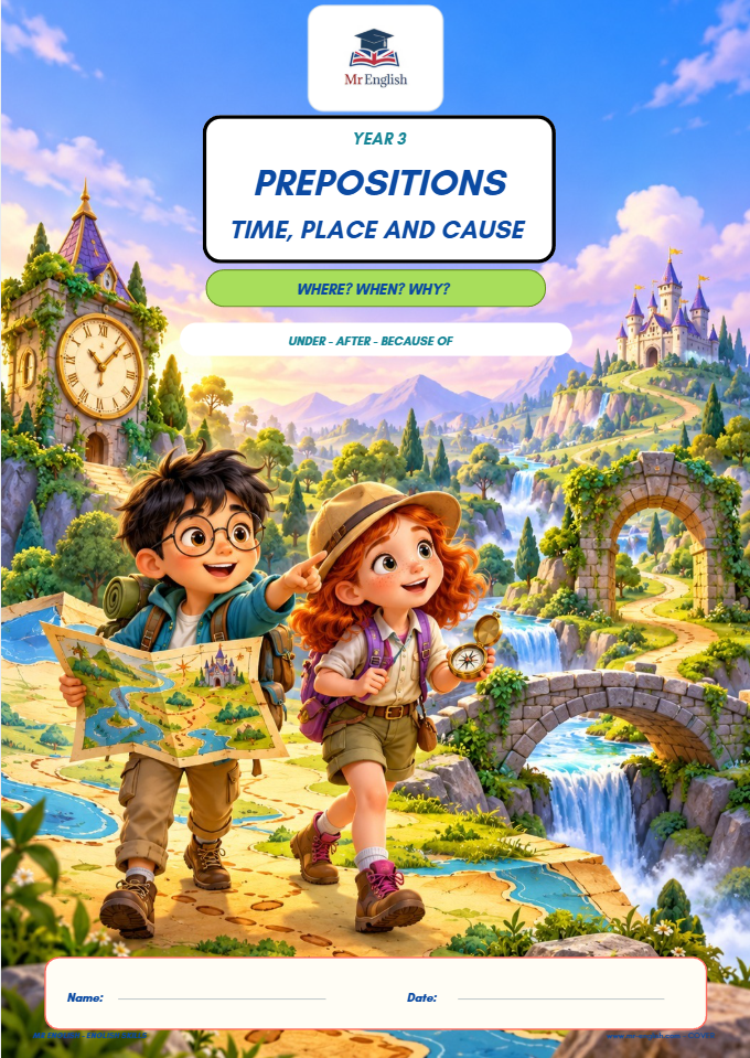 Year 3 Prepositions Worksheet: Time, Place and Cause