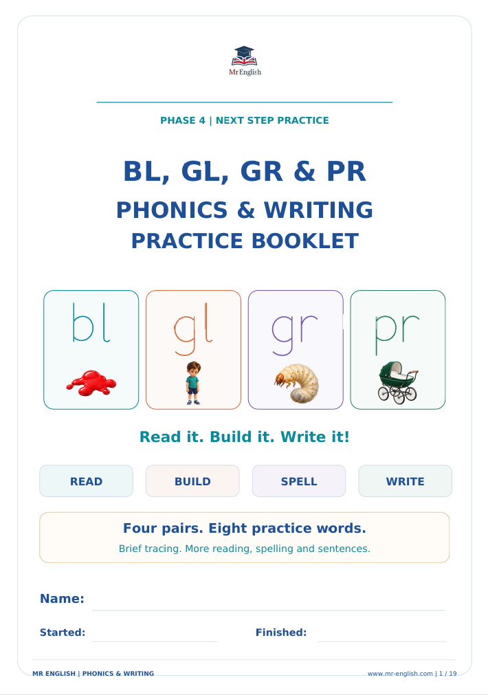 BL, GL, GR & PR Phonics & Writing Booklet | Phase 4
