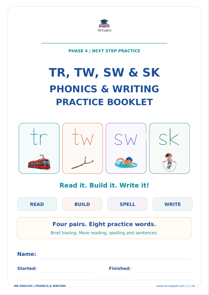 TR, TW, SW & SK Phonics & Writing Booklet | Phase 4