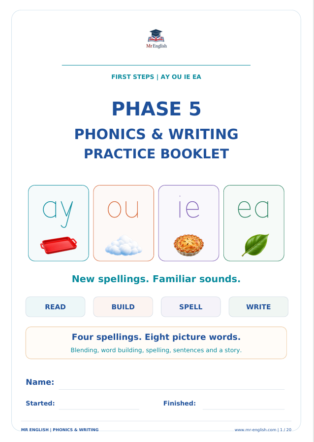 Phase 5 ay ou ie ea Phonics & Writing Booklet