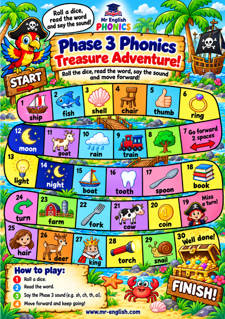 Phase 3 Phonics Board Game | Printable Treasure Adventure