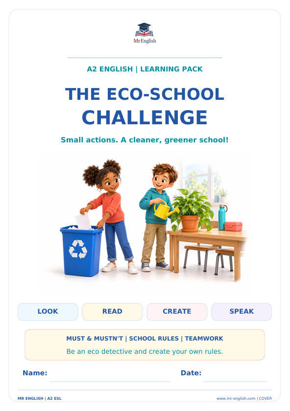 Eco-School Challenge A2 Worksheet for Kids | Mr English