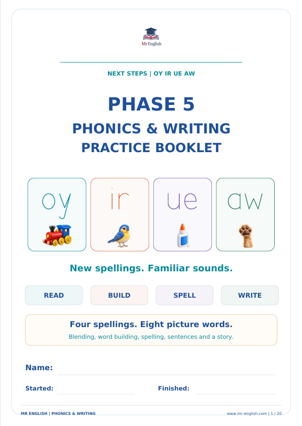 Phase 5 oy ir ue aw Phonics & Writing Booklet